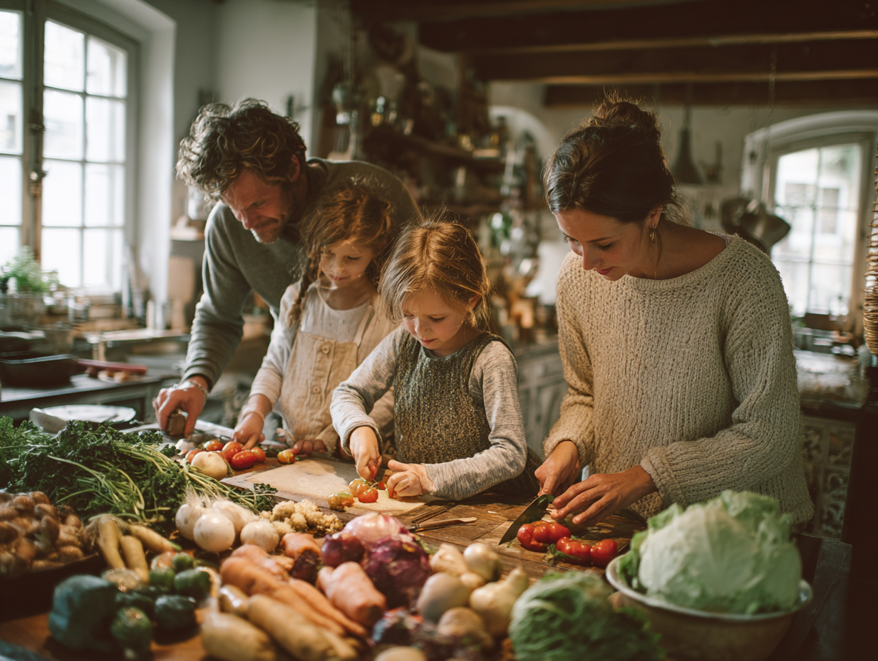Сім'я готує здорову їжу на кухні - різноманітні свіжі овочі, фрукти та продукти на столі