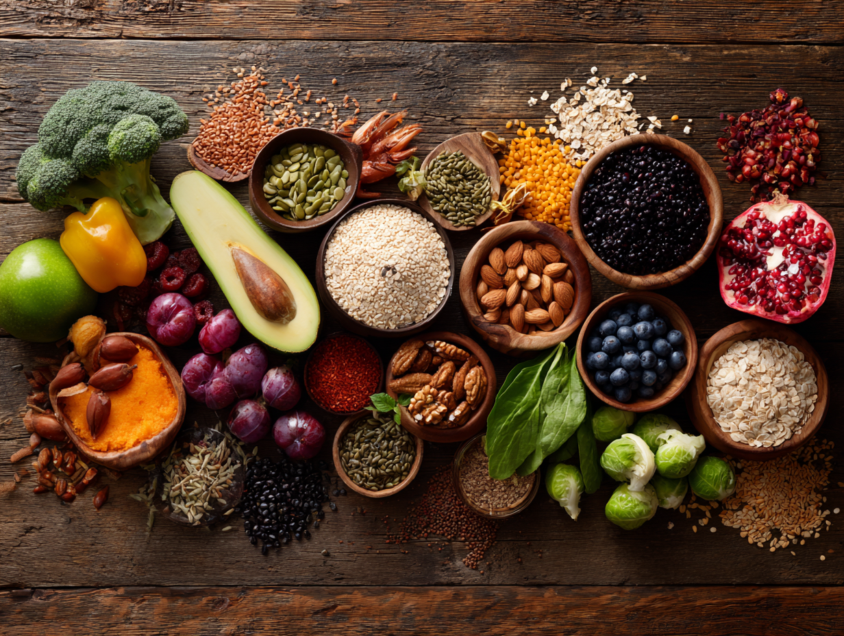 Різноманітні здорові продукти красиво викладені на столі - овочі, фрукти, горіхи, зернові